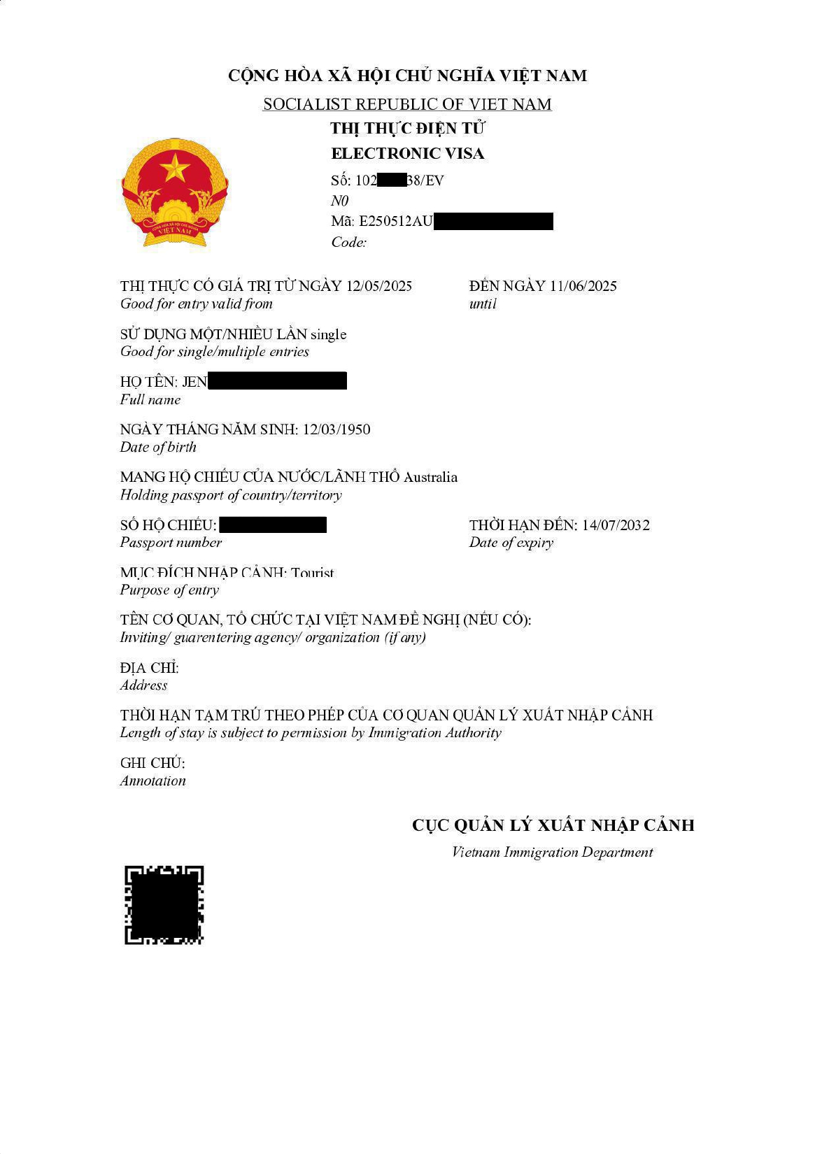 Sample of Vietnam E-visa