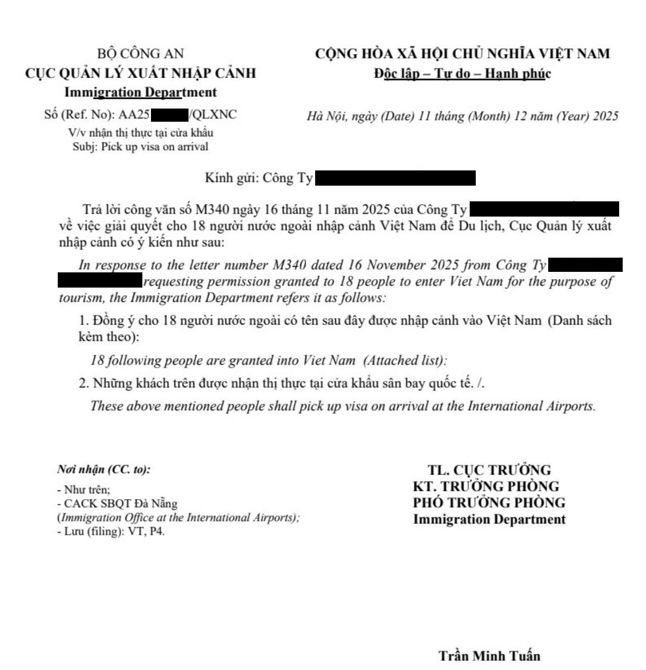 Sample of Vietnam Visa - Approval Letter page 1