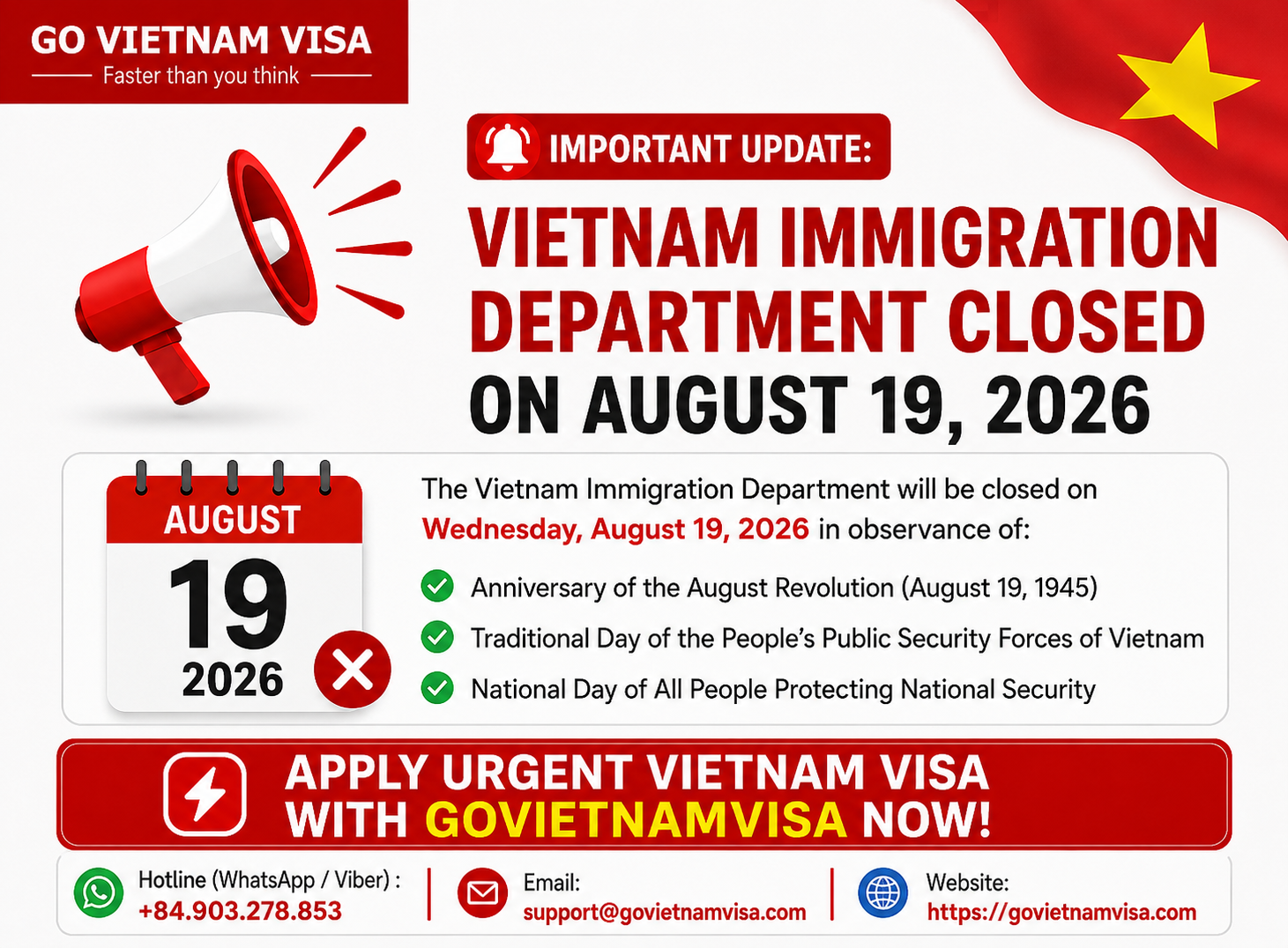 Vietnam Immigration Department Closure Notice on August 19 2026