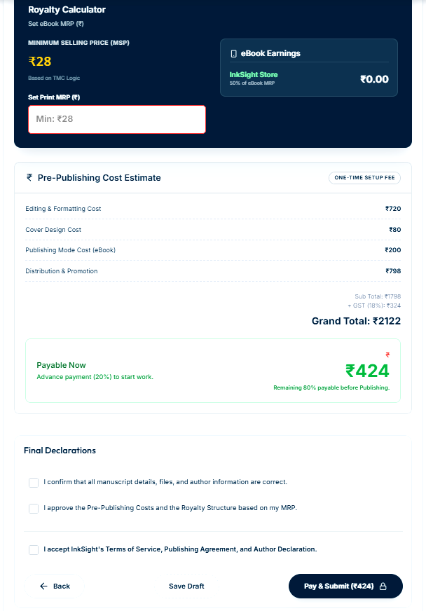 Step by step book publishing process in India using Inksight Publication dashboard