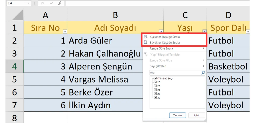 Yaşa Göre Sıralanmış Tablo