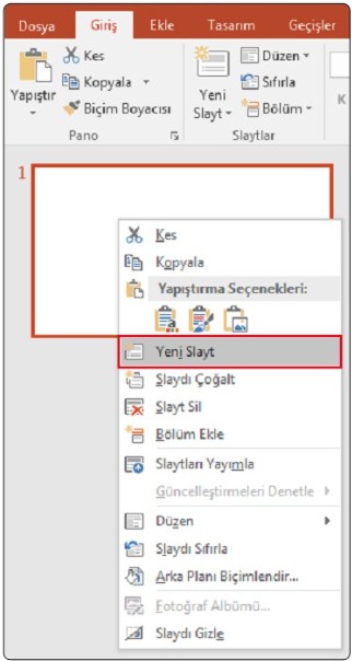 Yeni Slayt Ekleme - Sağ Tık