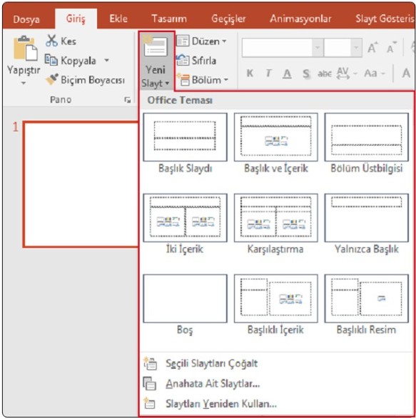 Yeni Slayt Ekleme - Giriş Sekmesi