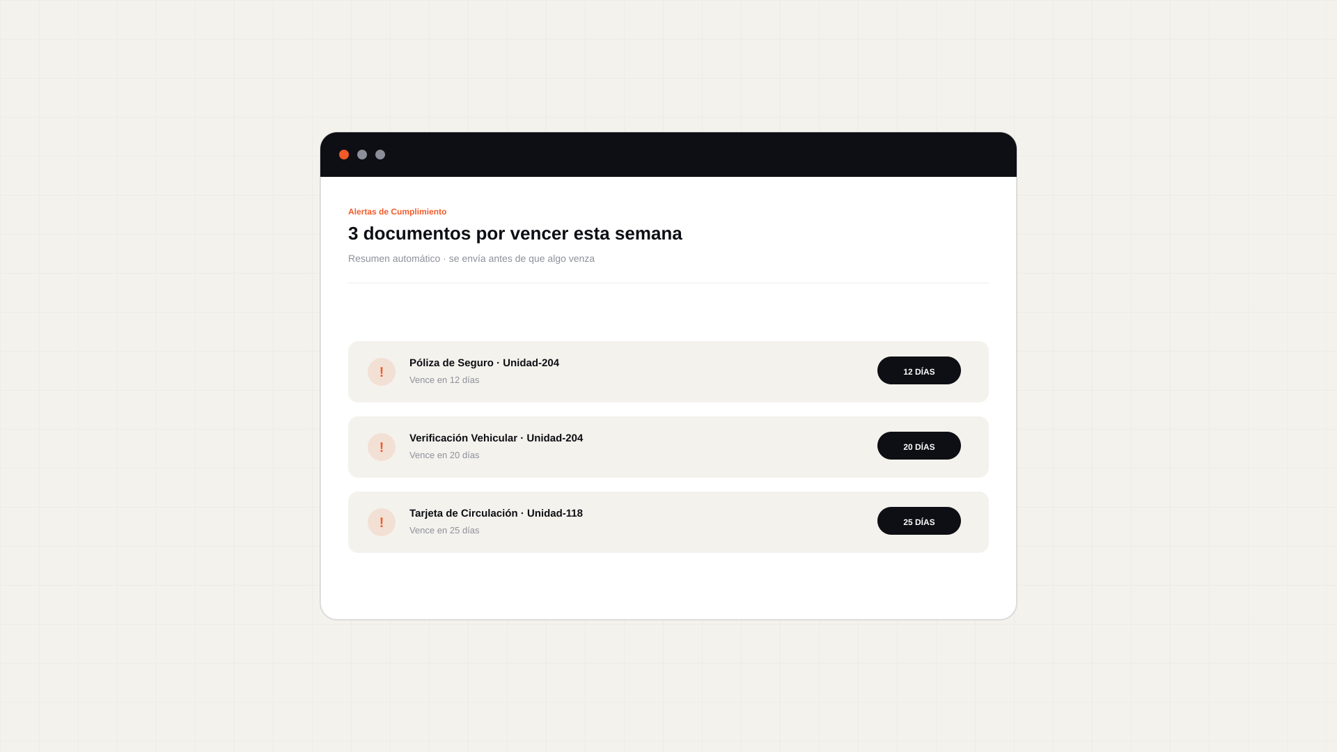 Captura del correo de alerta con documentos próximos a vencer