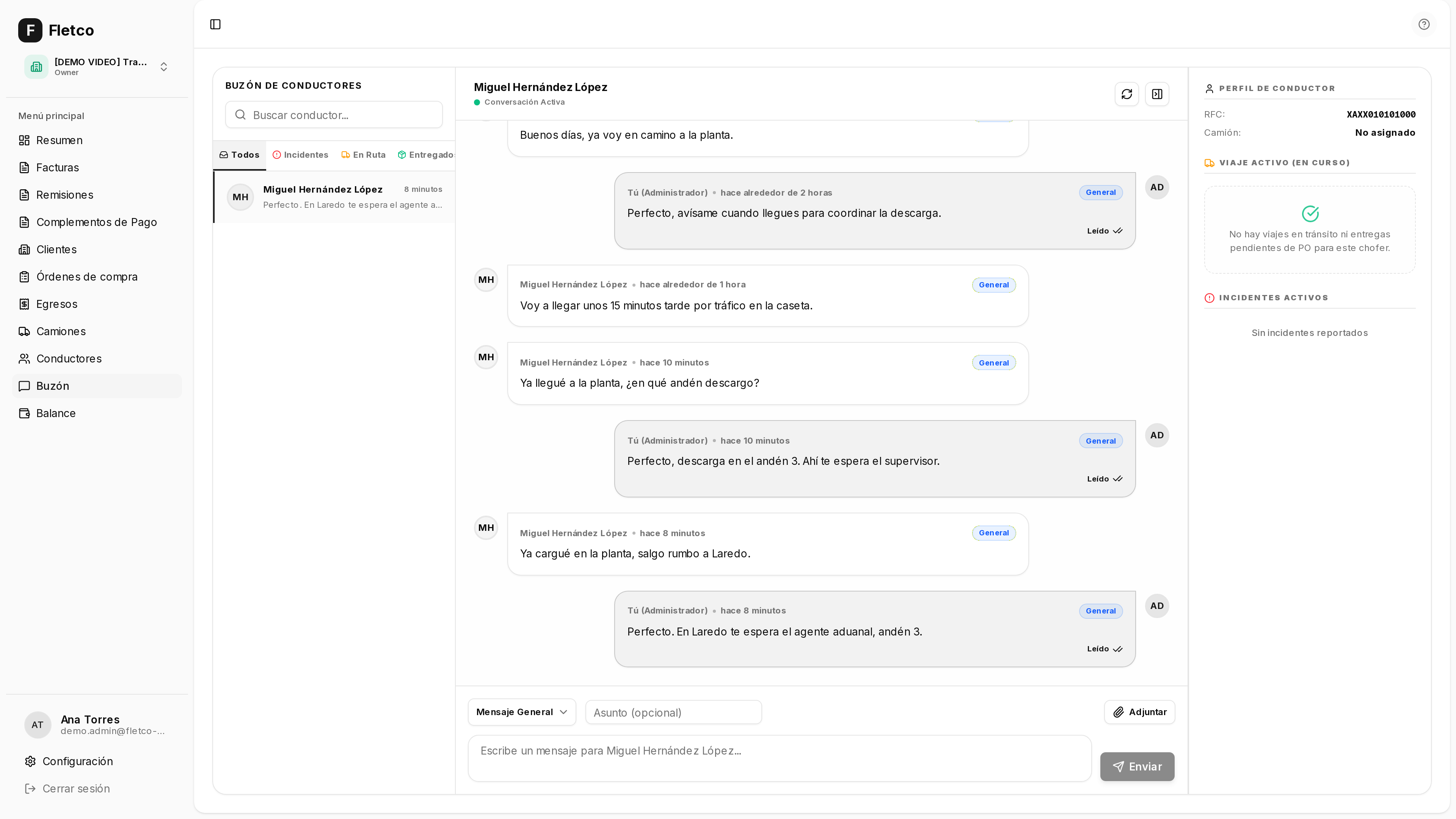 Captura del hilo de conversación admin ↔ chofer con adjuntos