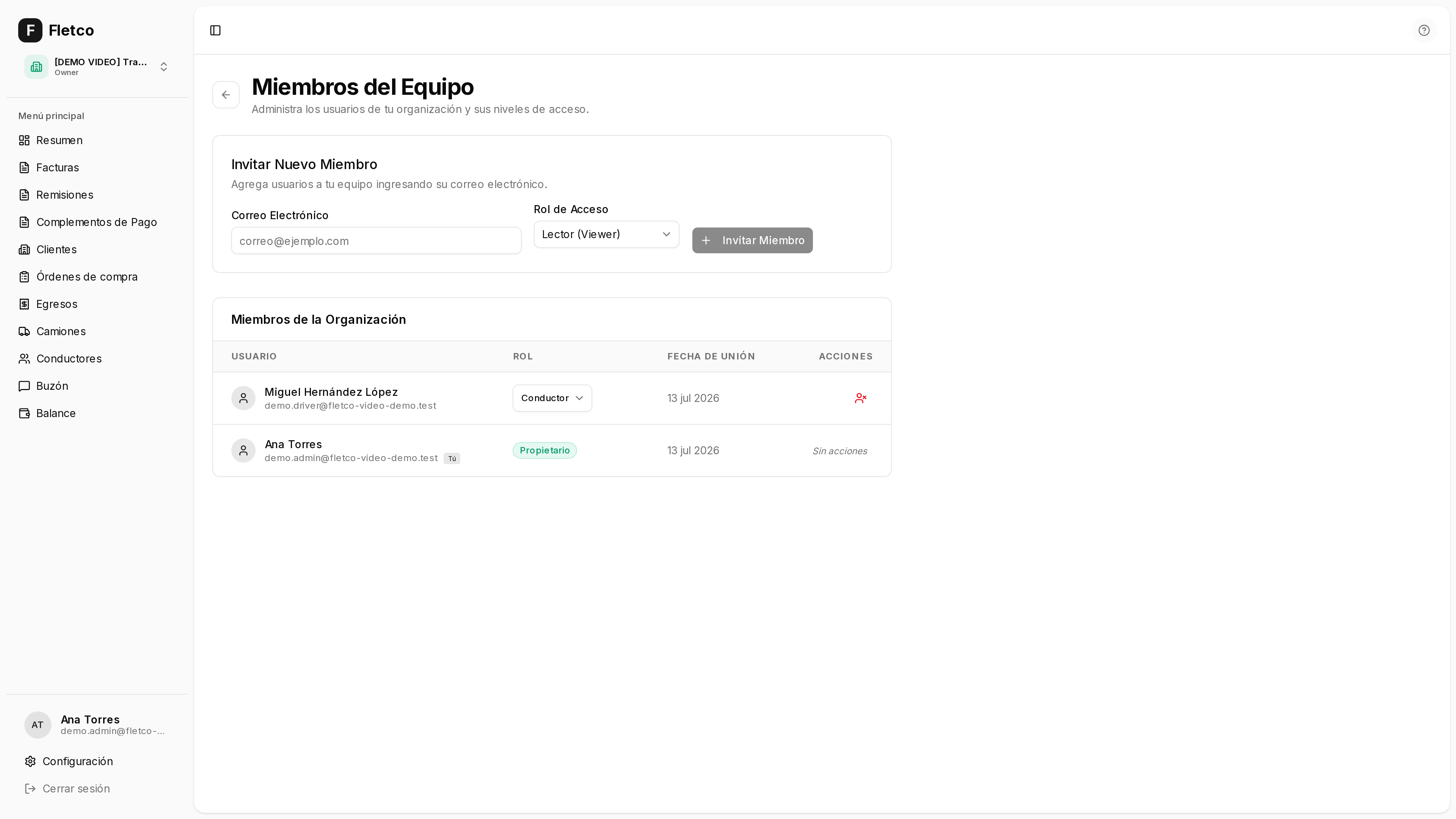 Captura de la gestión de equipo con roles asignados
