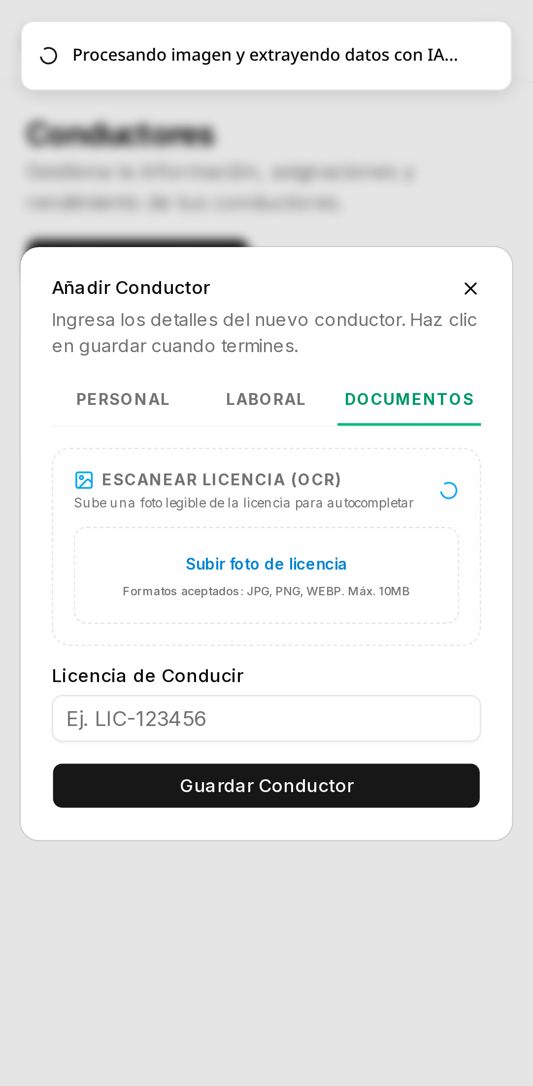 Captura del alta de operador con licencia leída por IA
