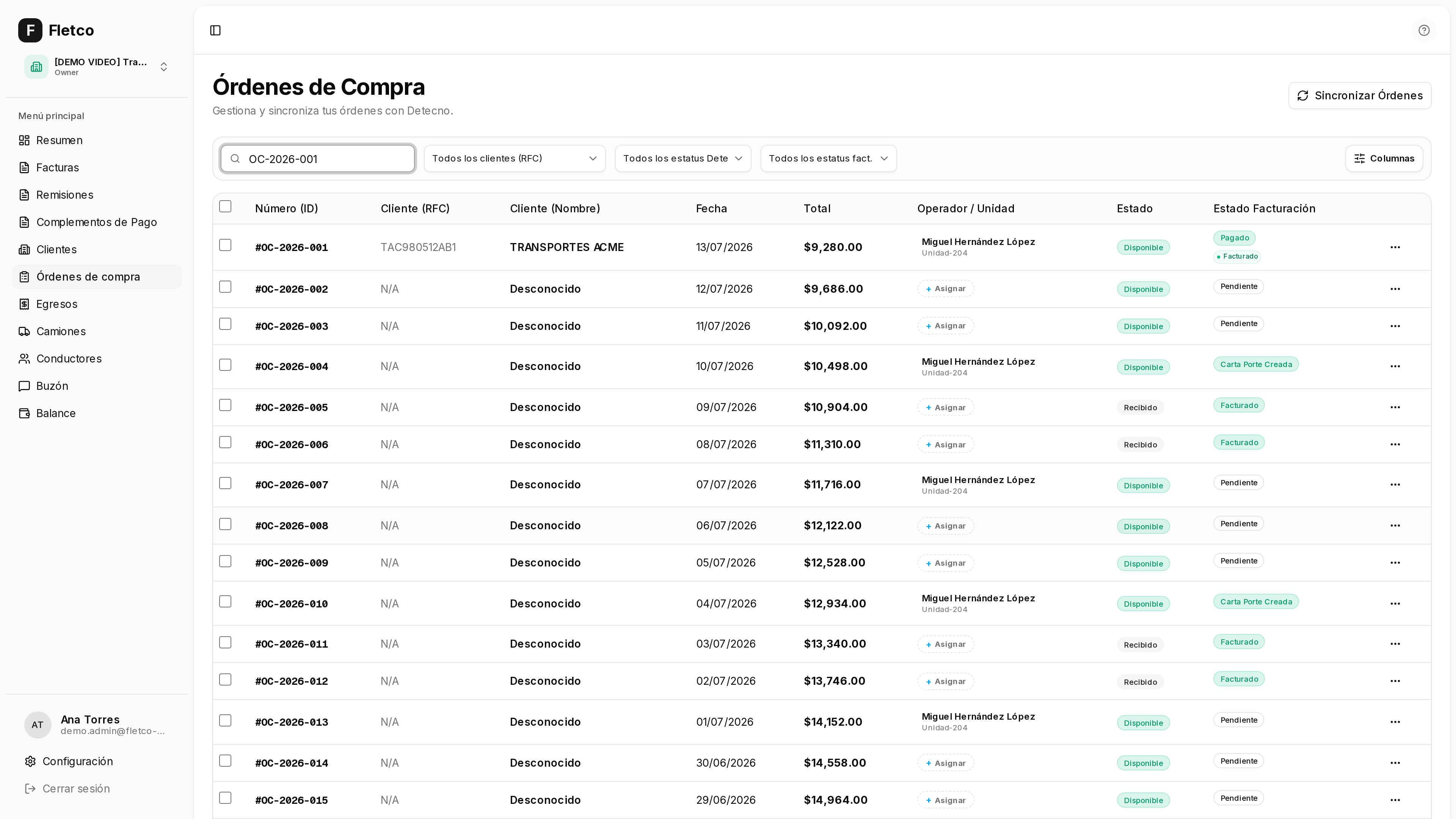 Captura de filtros y búsqueda sobre la tabla de órdenes
