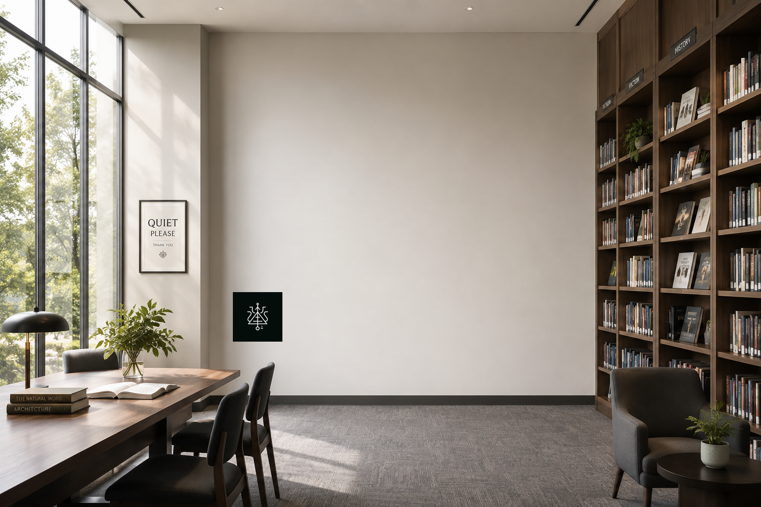 Warmly lit home library with tall windows, a reading desk, and bookshelves