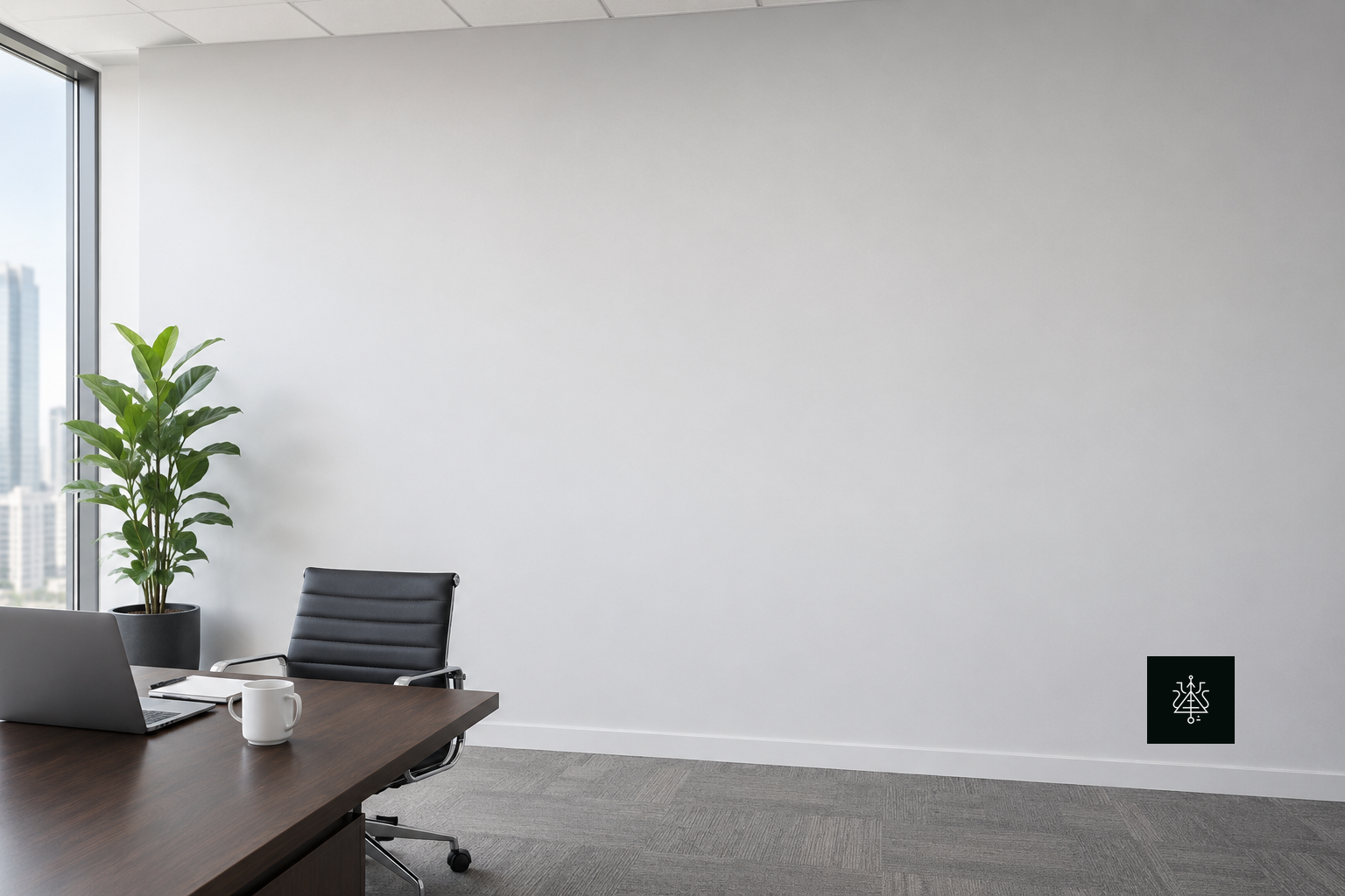 Modern office meeting space with floor-to-ceiling windows overlooking a city skyline, a conference table, and a laptop