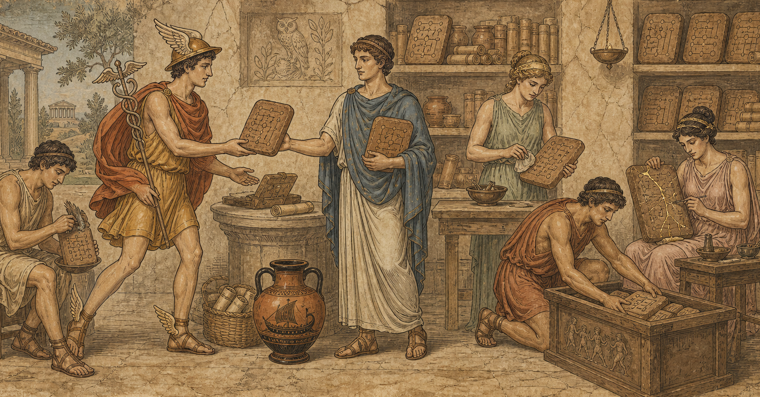 Hermes Agent skills pipeline as a Greek fresco