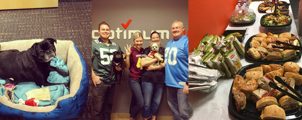 collage of OptimumHQ employees showcasing a positive work environment: dogs in the office, wearing football jerseys, catering lunch for employees