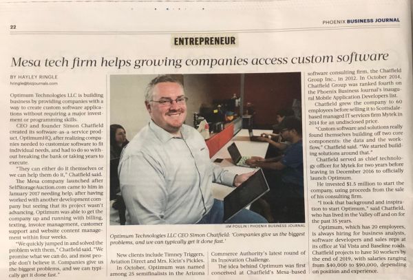 CEO of OptimumHQ Simon Chatfield featured in the Phoenix Business Journal