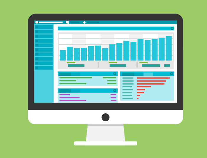 graphic of a computer screen with various charts and programs