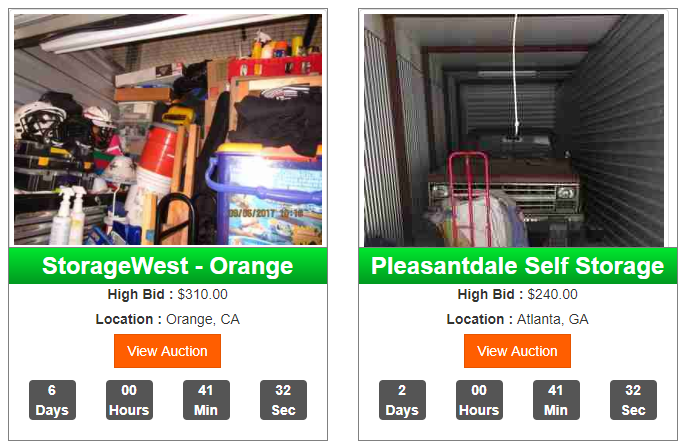 examples of storage auction listings on the Self Storage Auction website