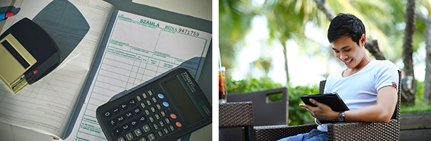 calculator and accounting forms; man smiling with tablet working