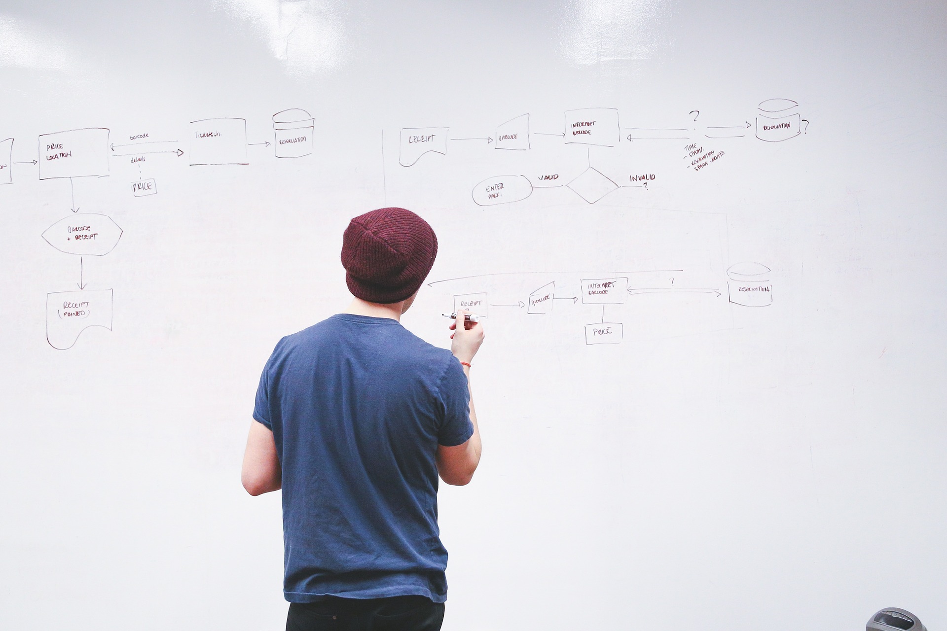 young man writing on white board