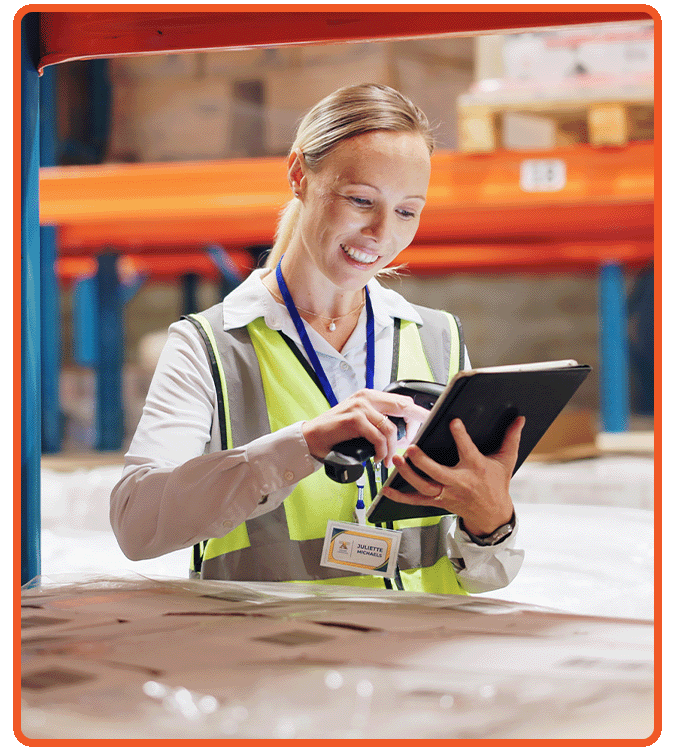 Distribution Management System Woman using tablet for inventory