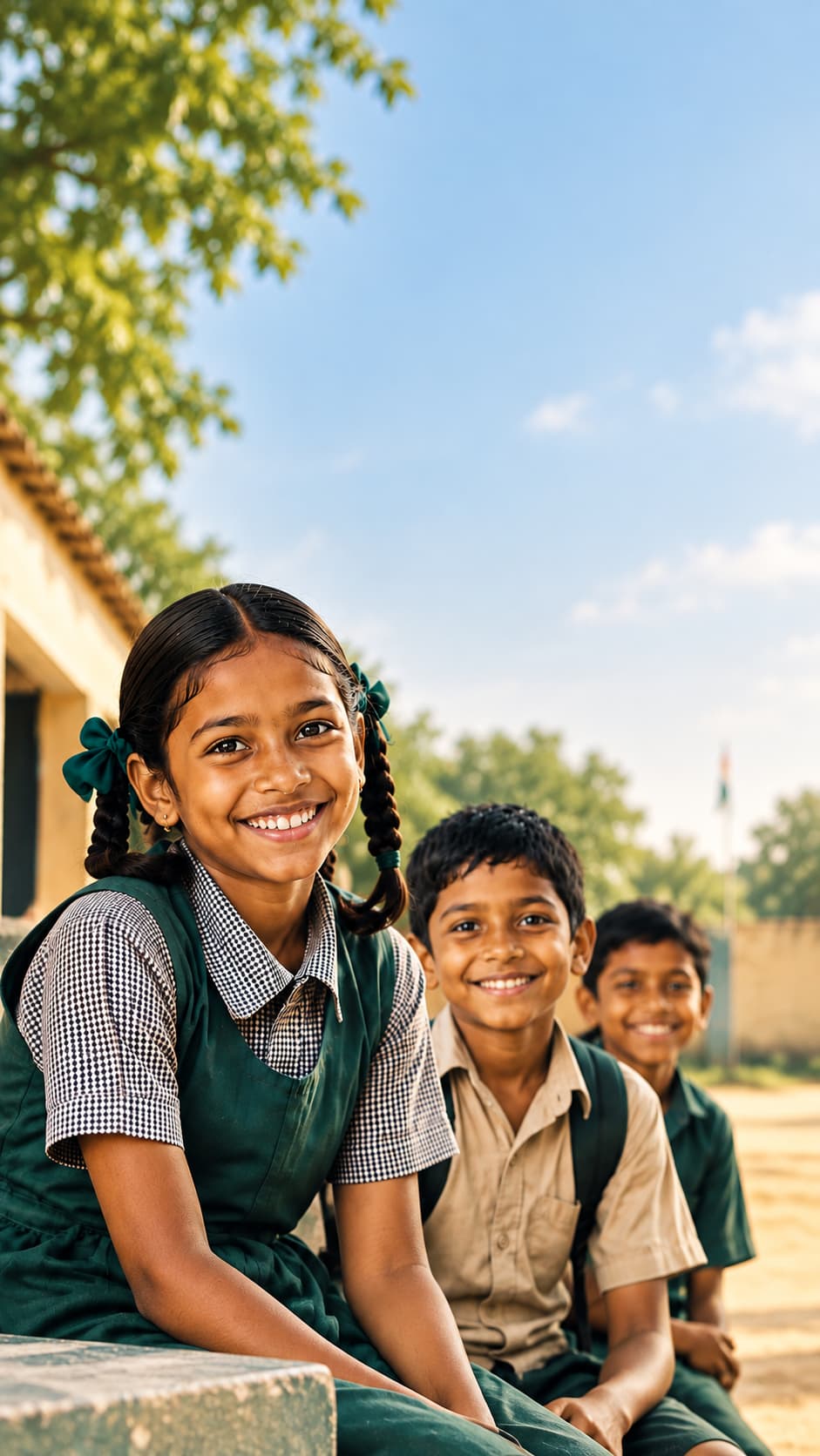 Schoolchildren in our circle, smiling together