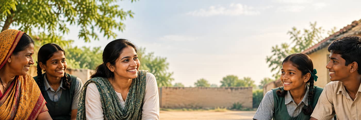 A community group of women and youth smiling and conversing together outdoors