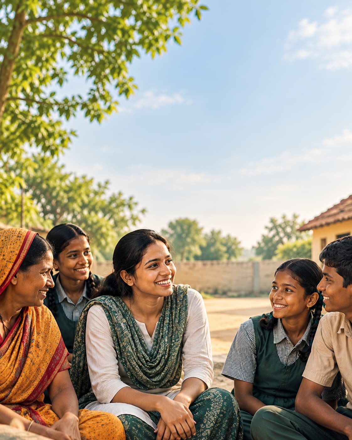 A community group of women and youth smiling and conversing together outdoors