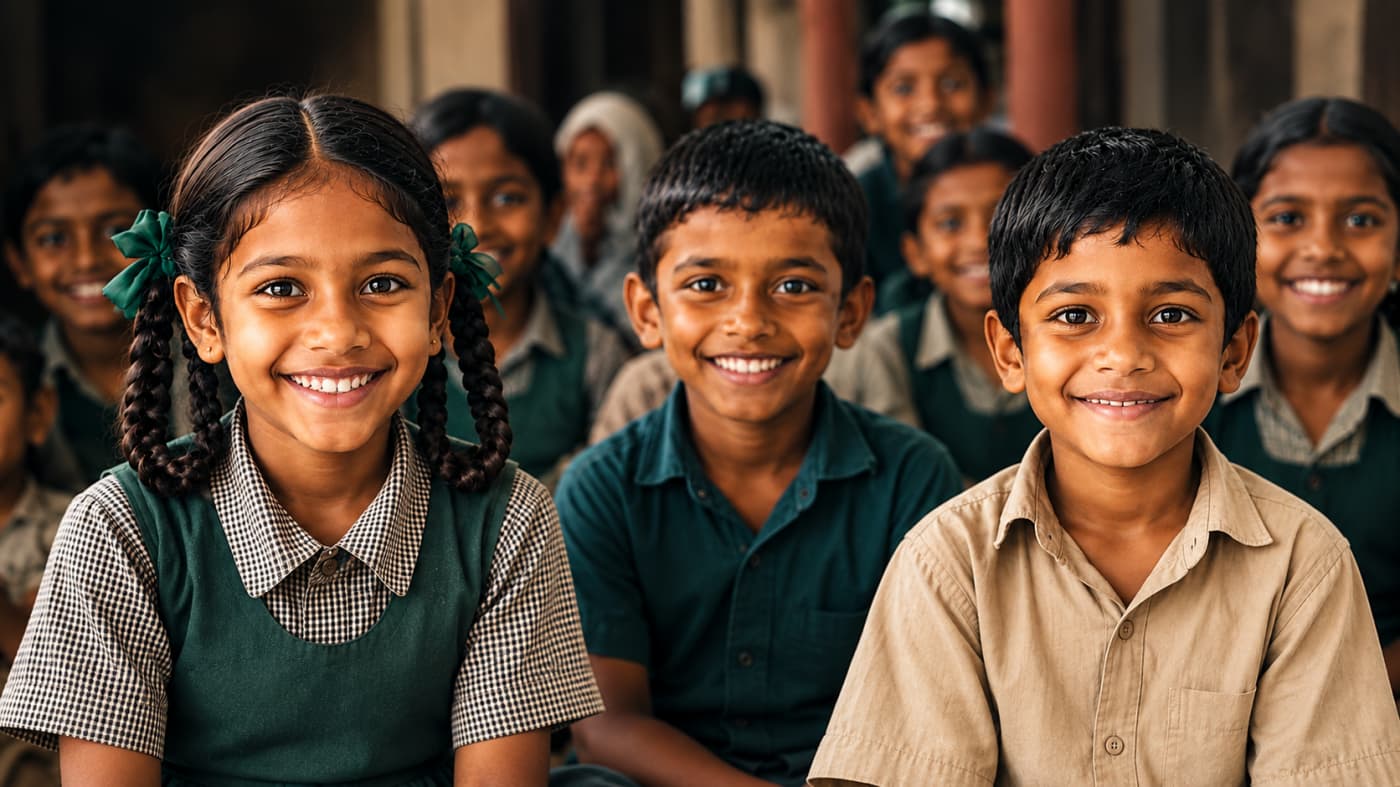 Schoolchildren in our circle, smiling together