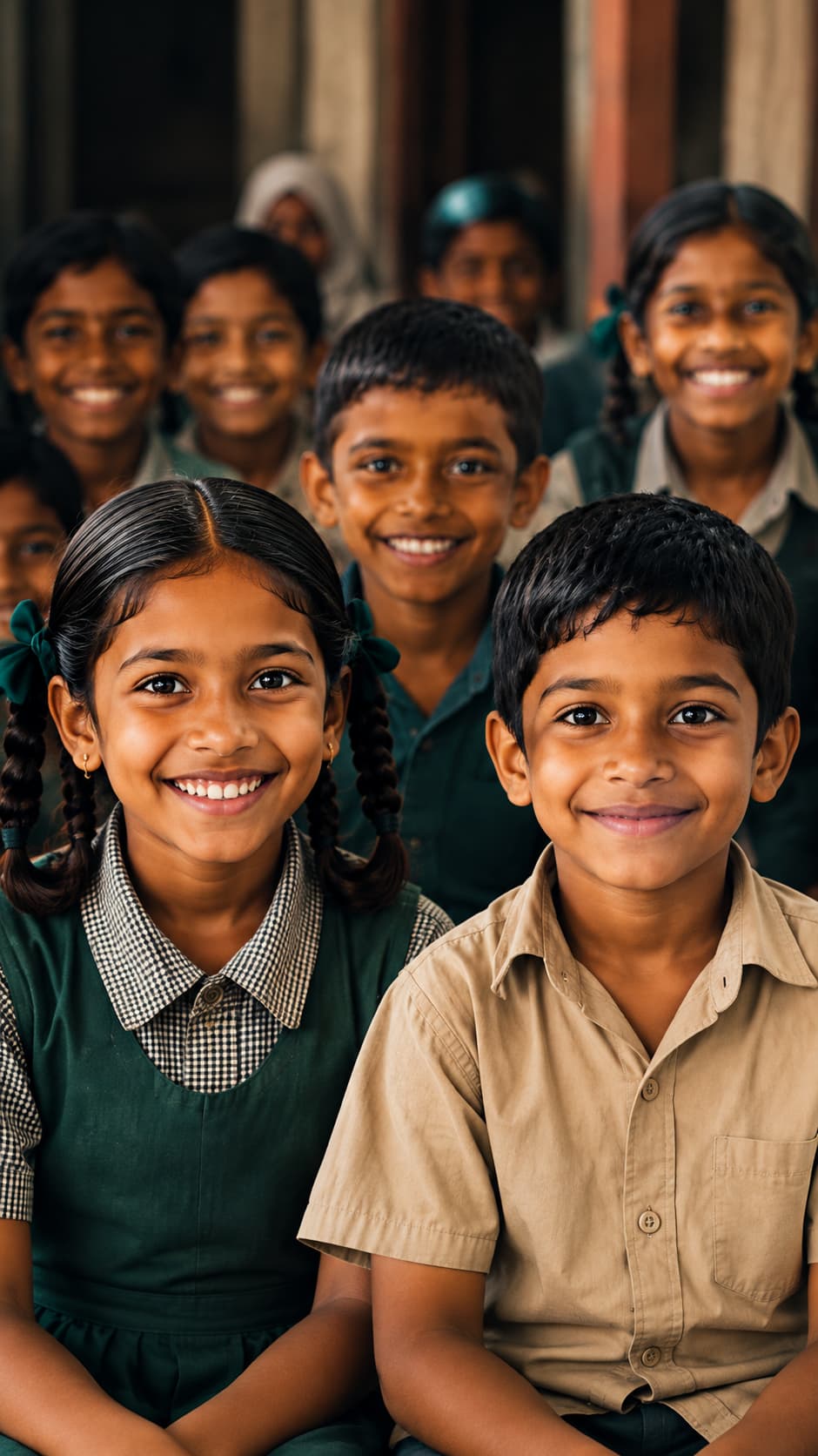 Schoolchildren in our circle, smiling together