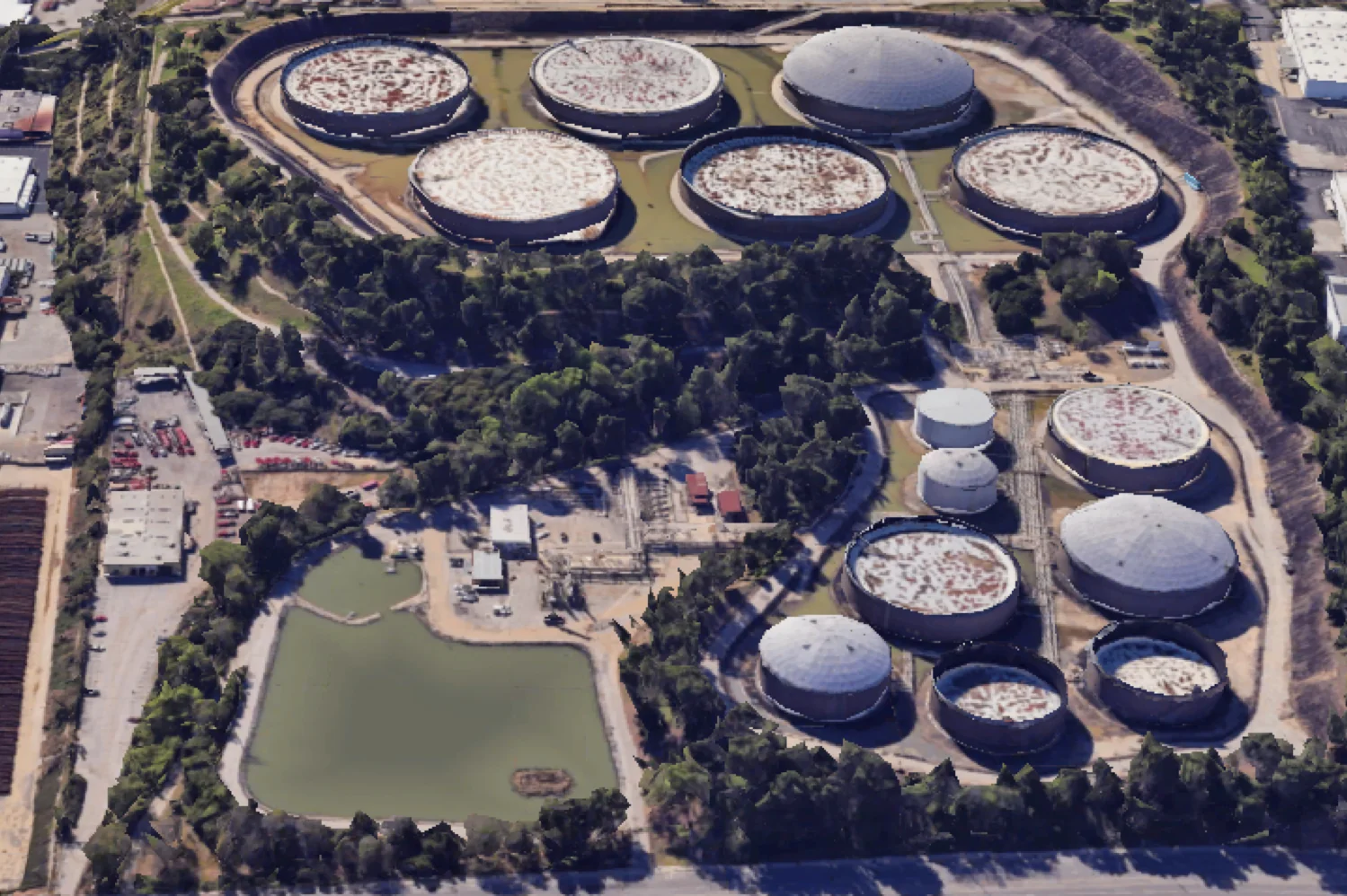An aerial view of an oil terminal.