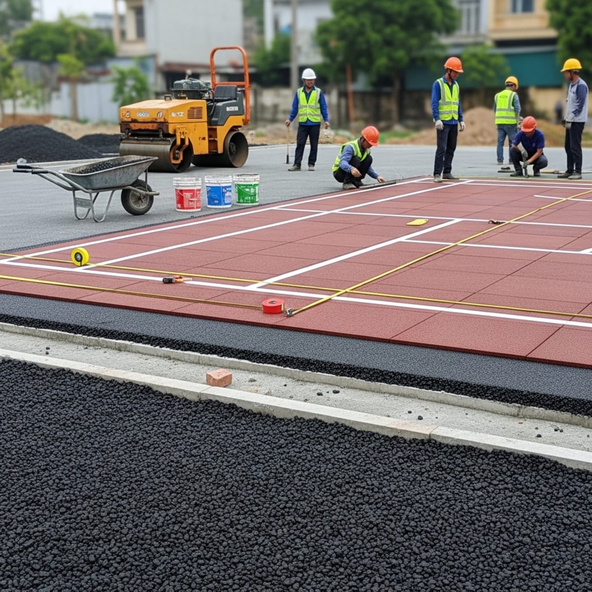 Kiểm tra độ phẳng bề mặt sân thể thao trước khi nghiệm thu