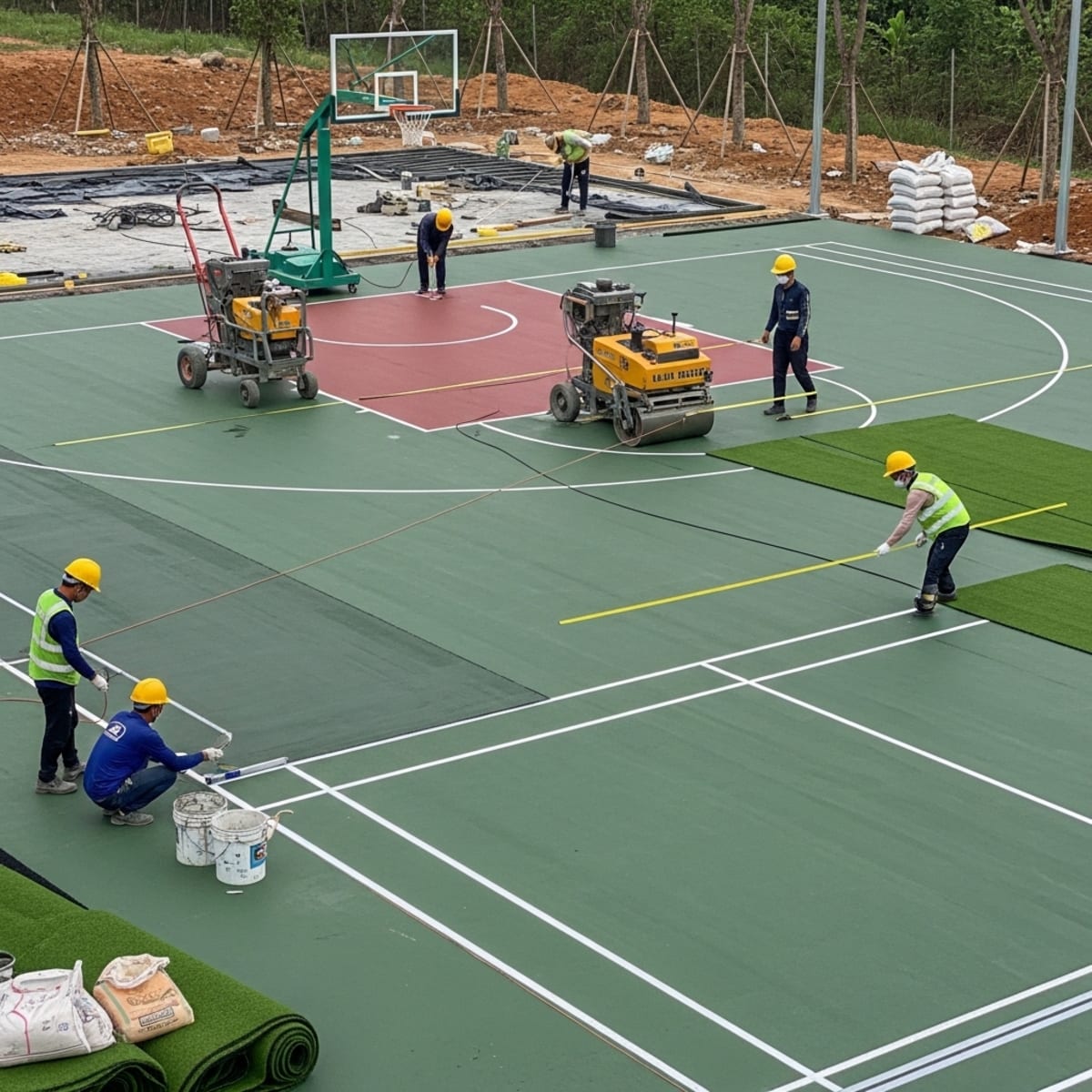 Kiểm tra độ phẳng và độ dốc của sân trước khi bàn giao