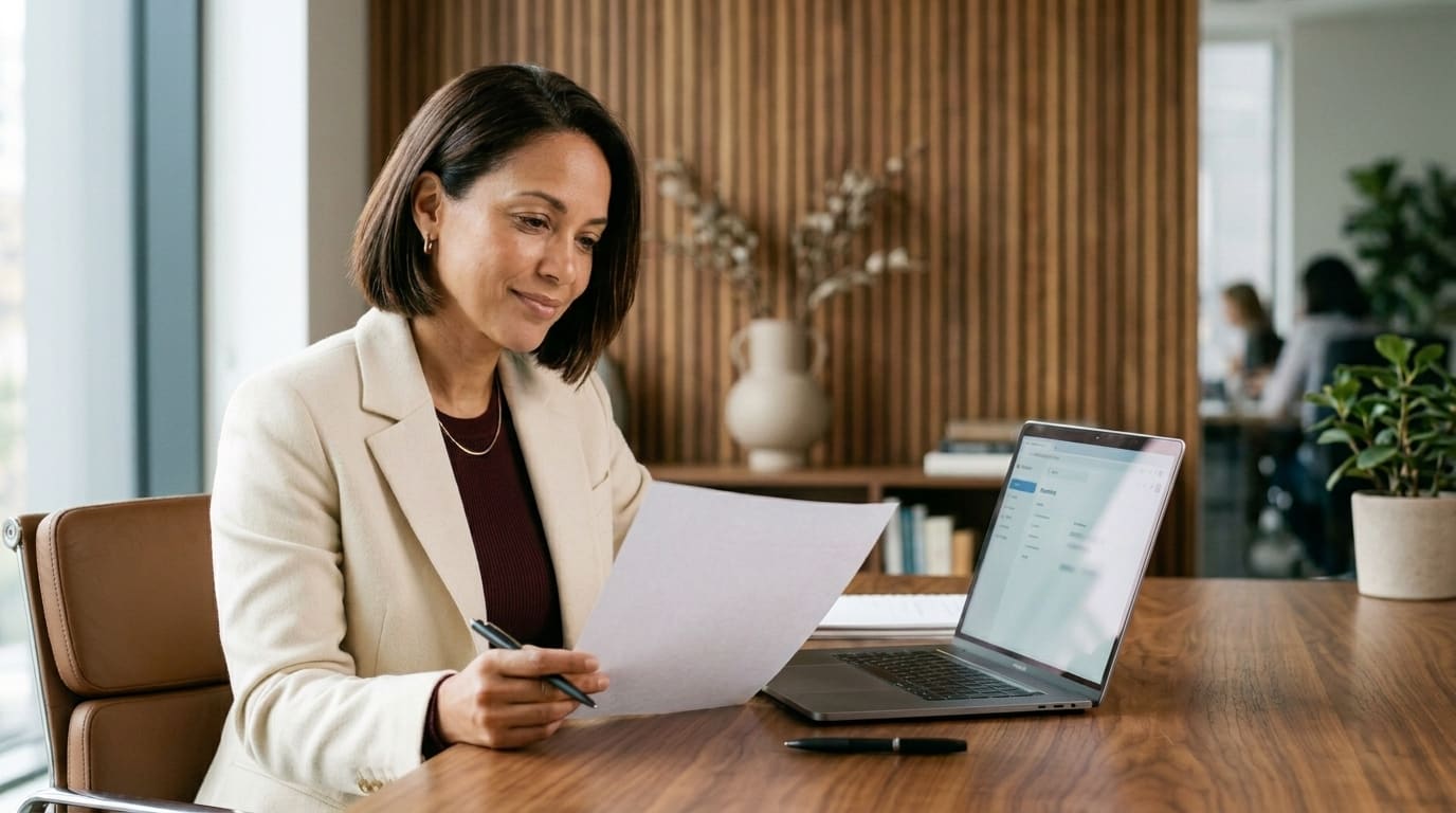 A business owner in a cream blazer sits at a warm walnut desk reviewing a blank sheet of paper beside an open laptop.