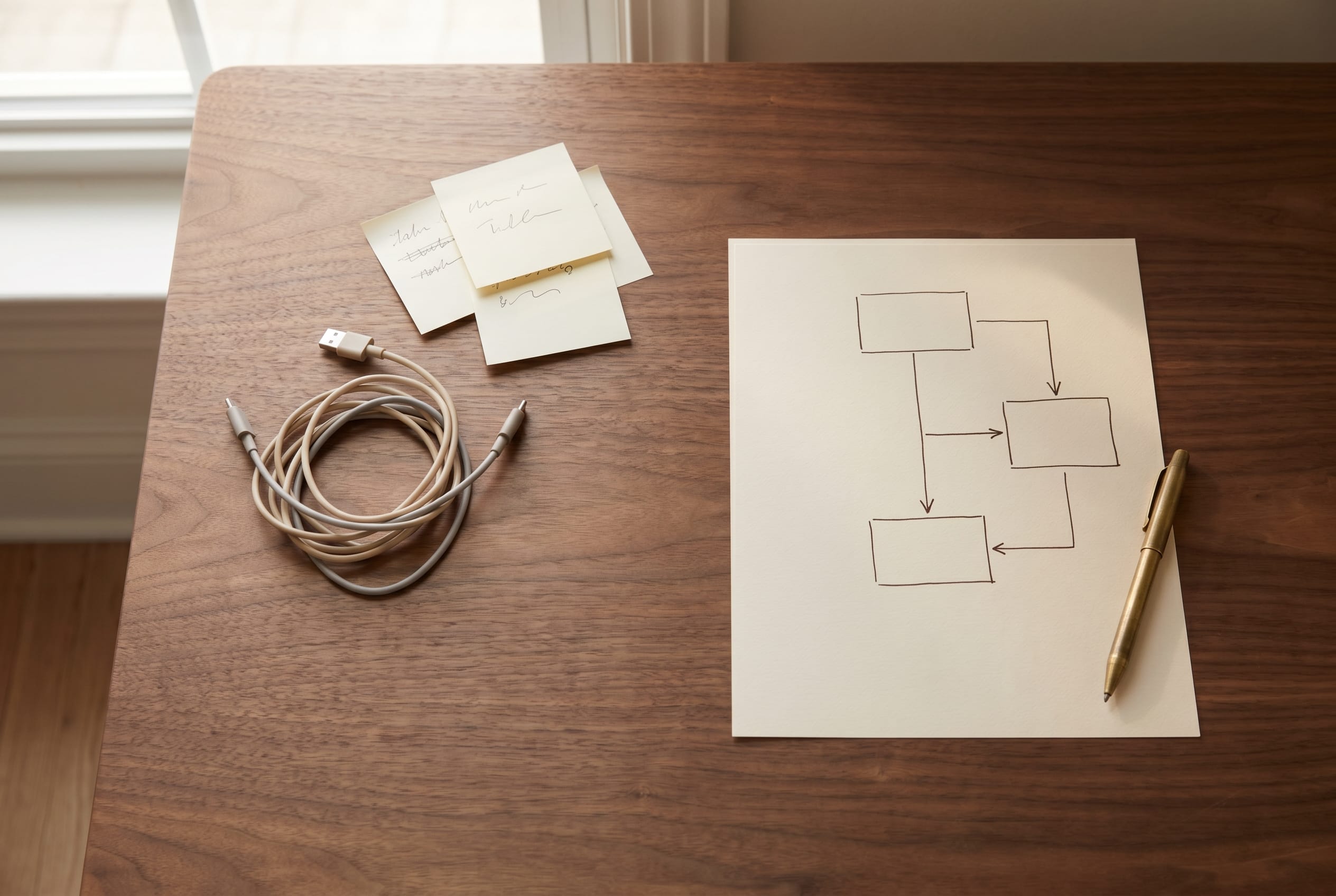 An overhead view of a walnut desk with tangled cords and sticky notes on the left and a single sheet of paper showing a clean hand-drawn workflow on the right.