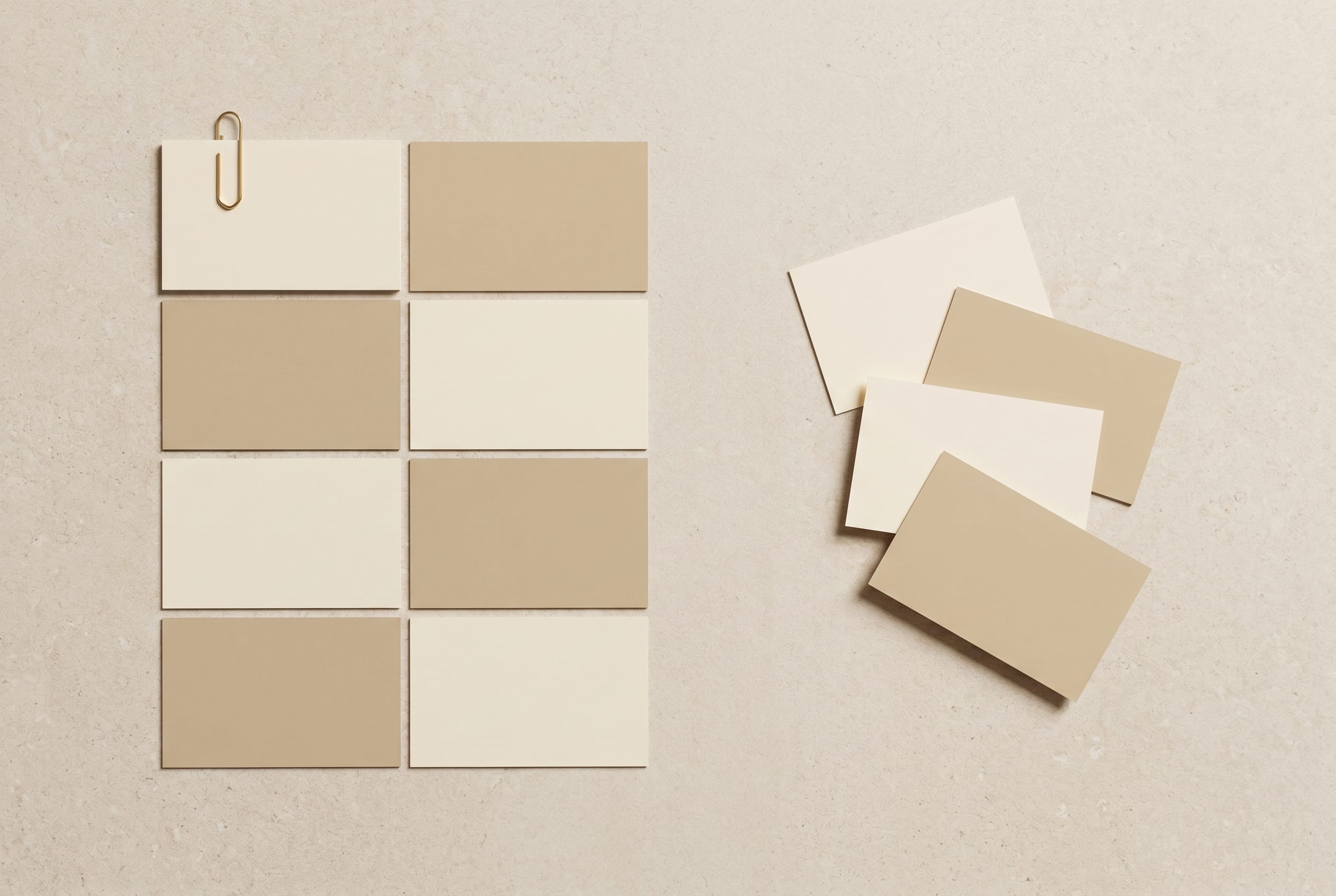 A flat lay of plain cream cards arranged in a neat grid, with three cards set apart in a small discard pile.