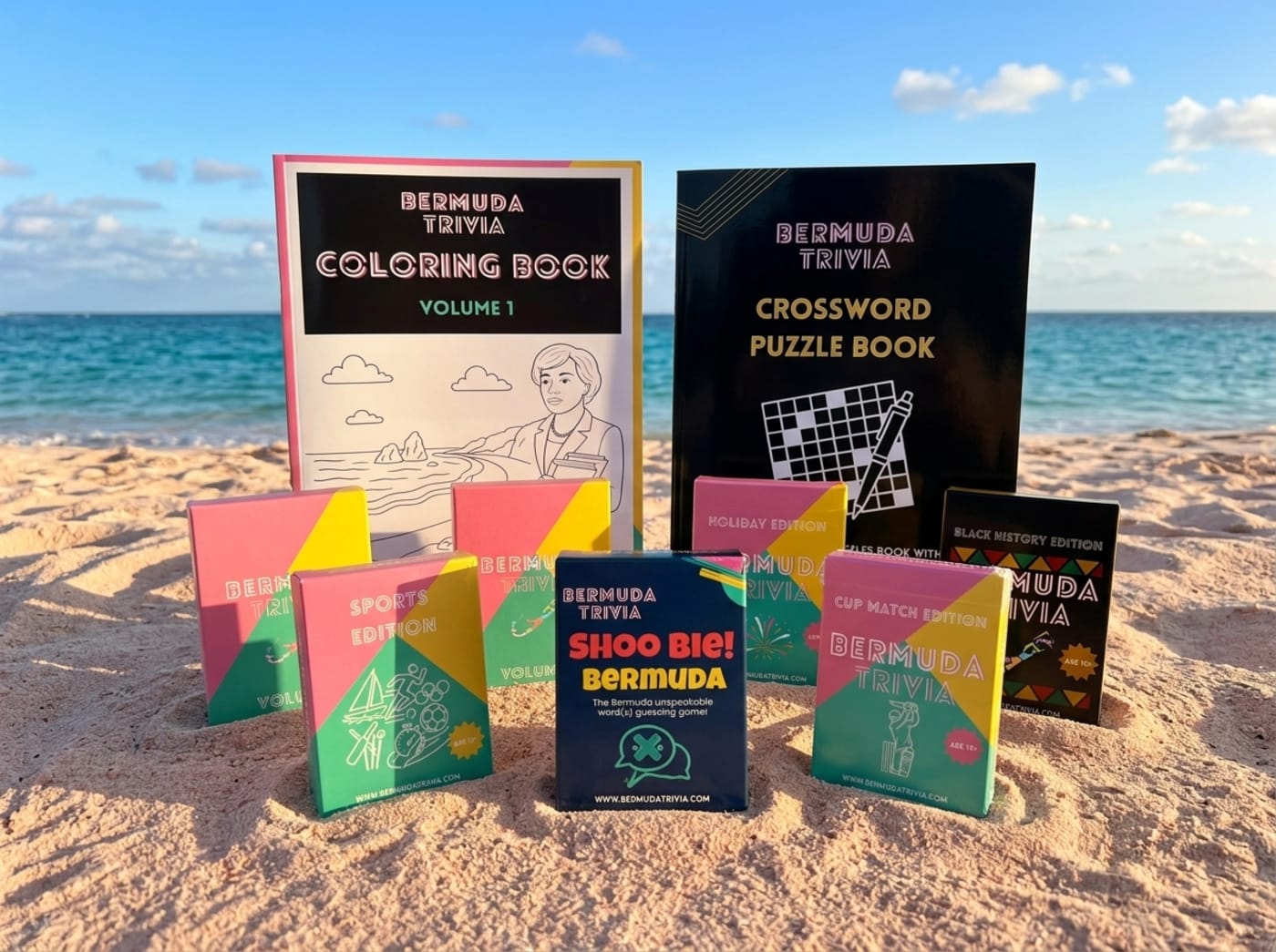 The full Bermuda Trivia product collection arranged on a Bermuda beach