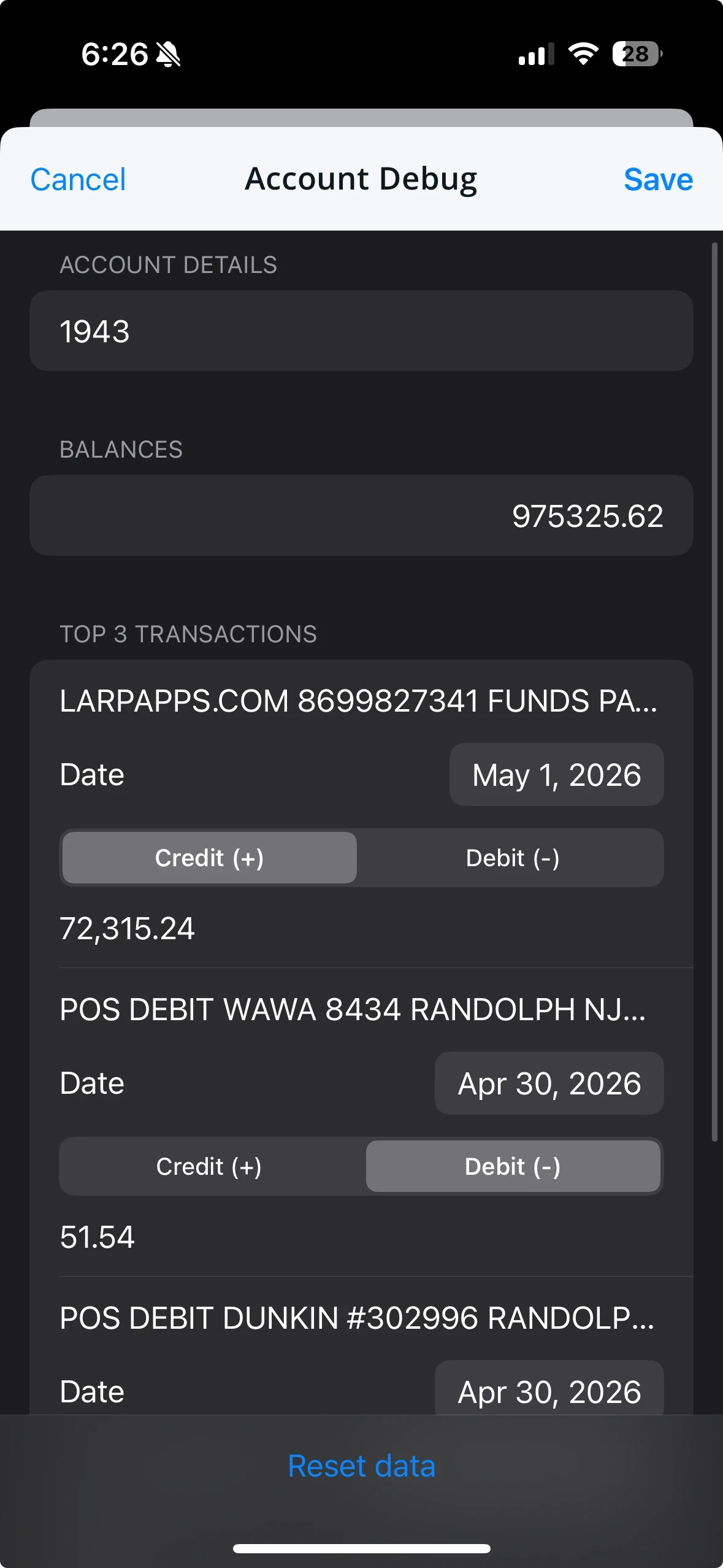 Chase account debug transaction editor screen preview