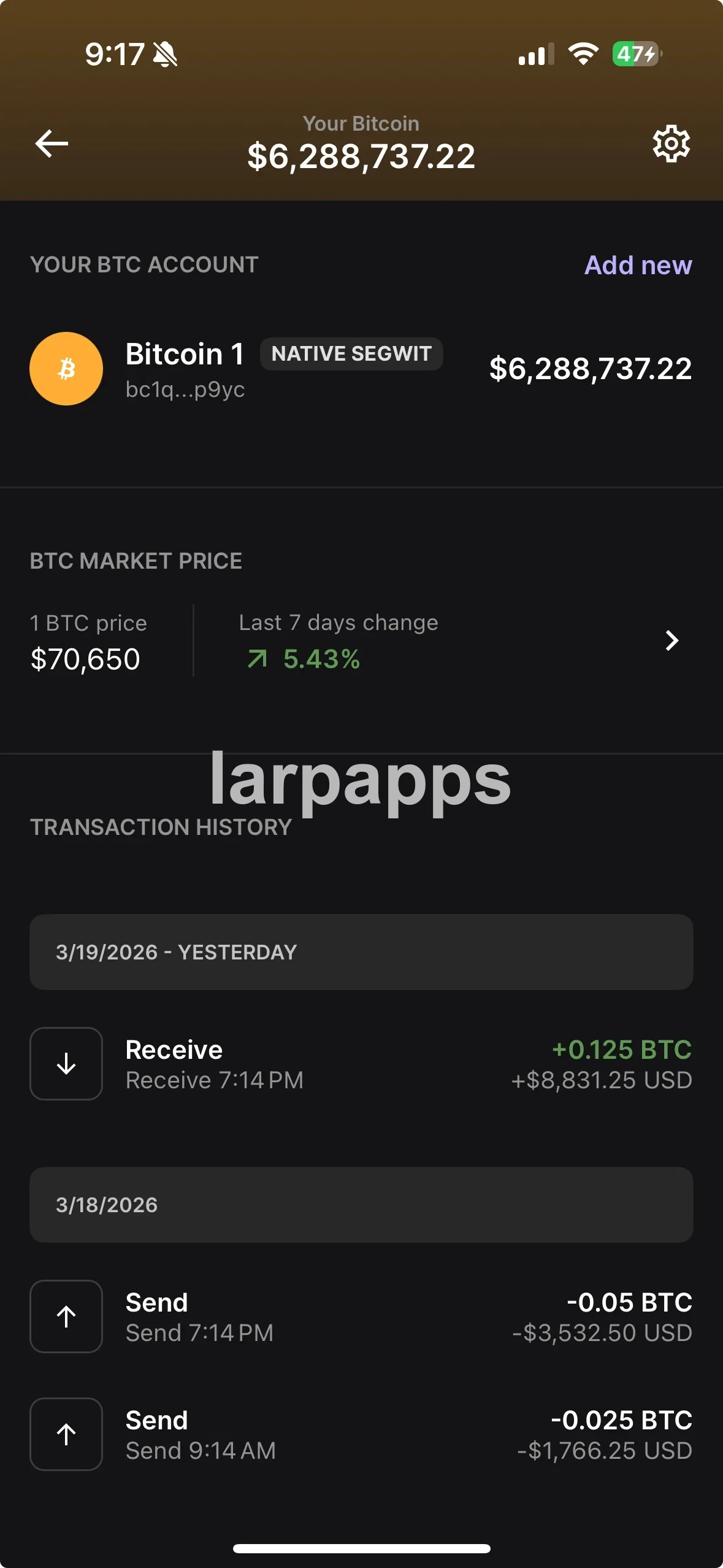 Ledger BTC account history screen preview
