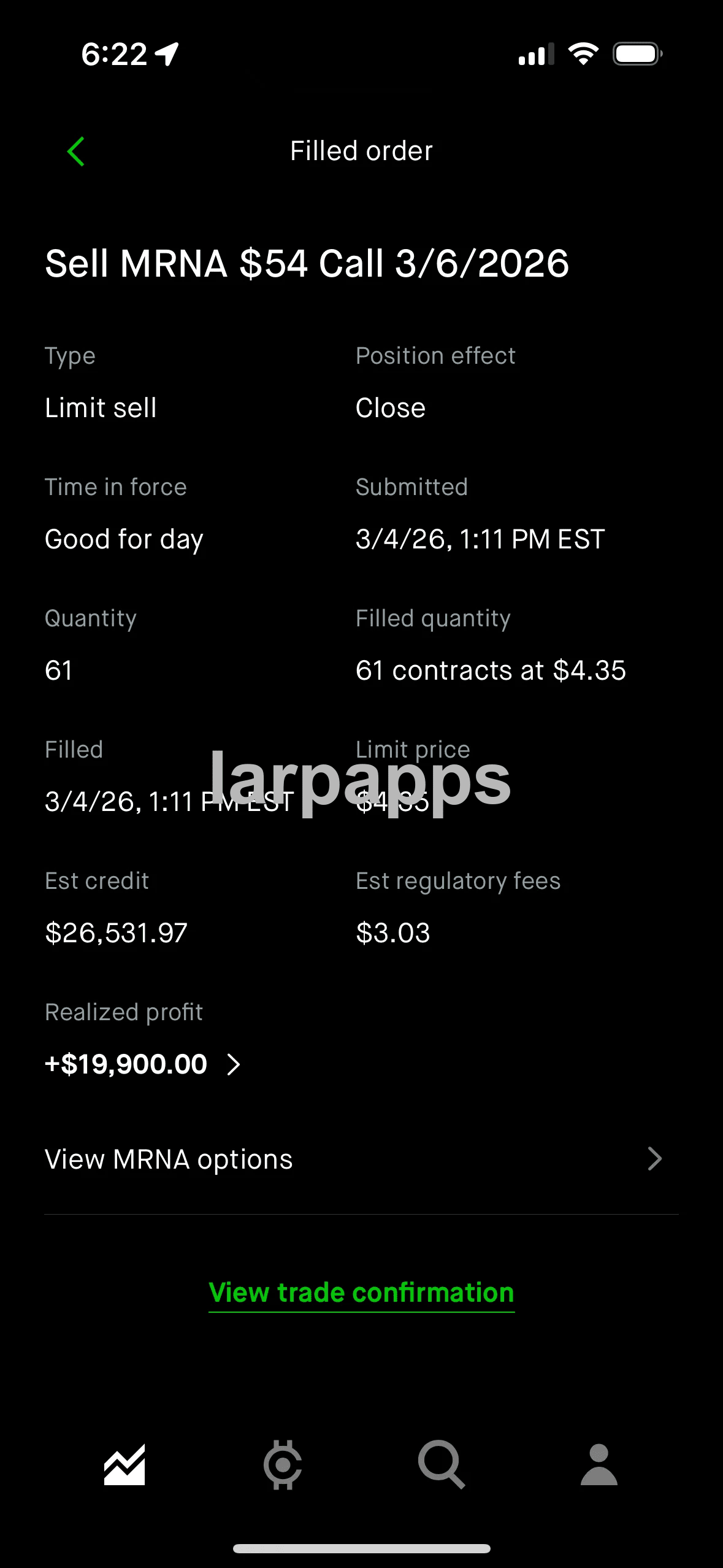 Robinhood filled options order screen preview