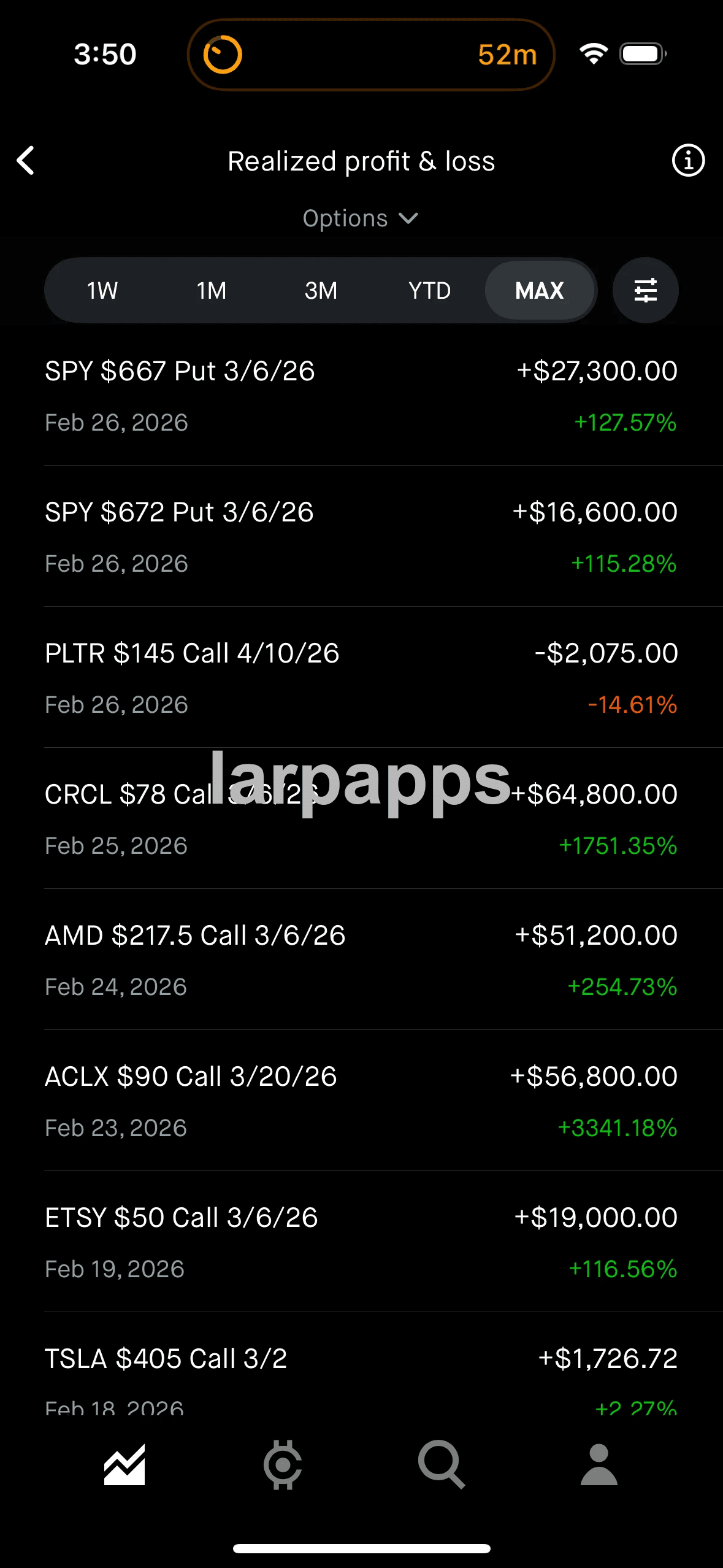 Robinhood saved trade history screen preview