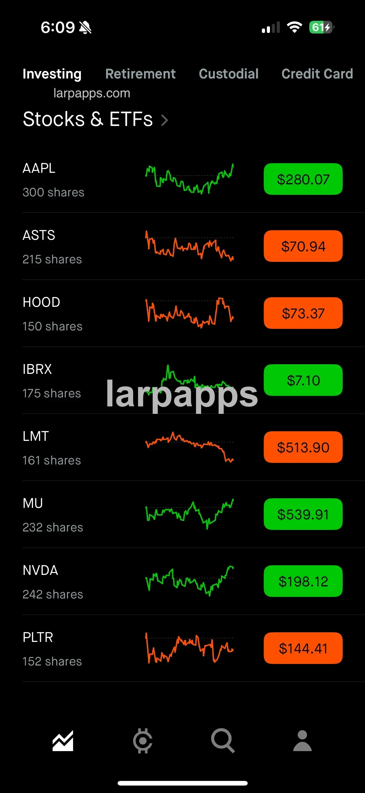 Robinhood stocks and ETFs list screen preview