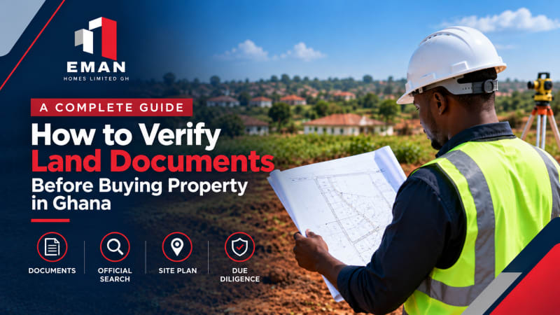 A professional photograph of a land surveyor inspecting a plot in Ghana, with a site plan in hand.