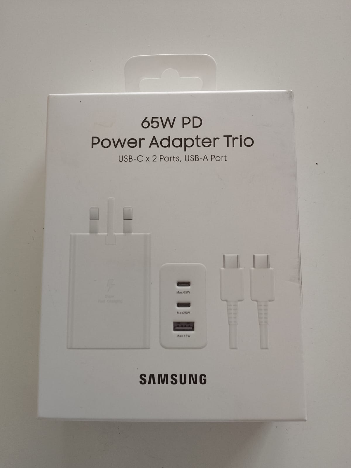 samsung charger c c 65 watts power trio usb c x 2 ports usb a portimage