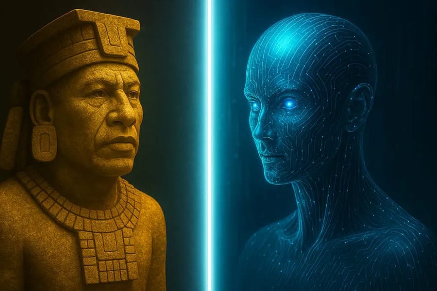 Une pyramide maya sous un ciel étoilé, symbolisant les prophéties anciennes et les cycles cosmiques.