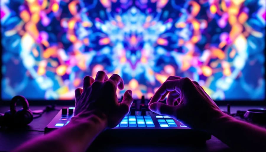 Un VJ en train de mixer des visuels sur son équipement lors d'une performance live.