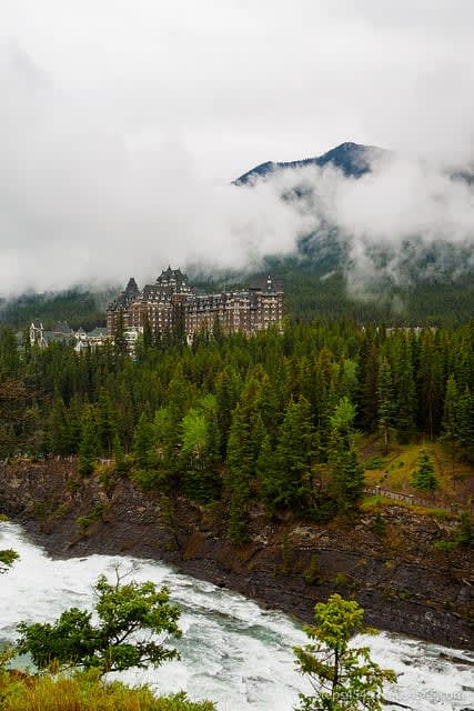 The Fairmont Banff Springs and Bow Falls on rain