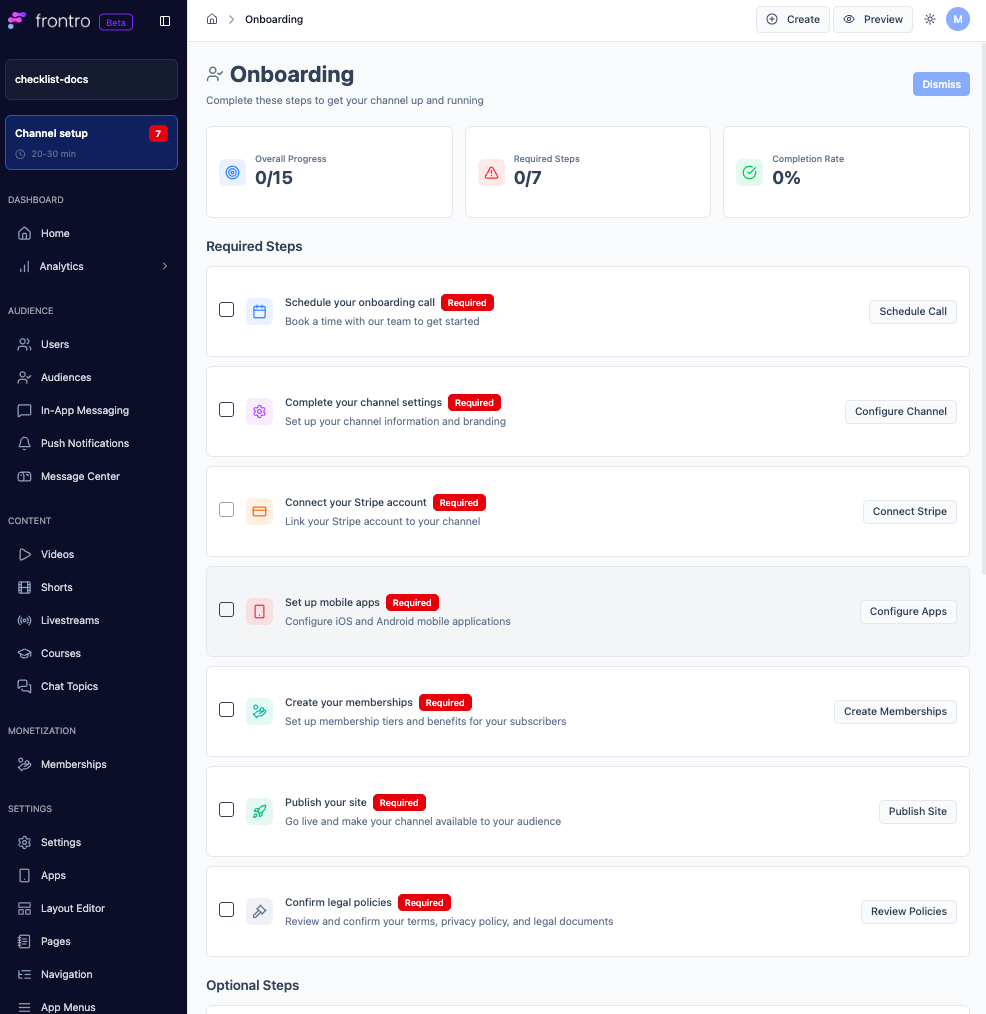 Onboarding checklist showing required steps