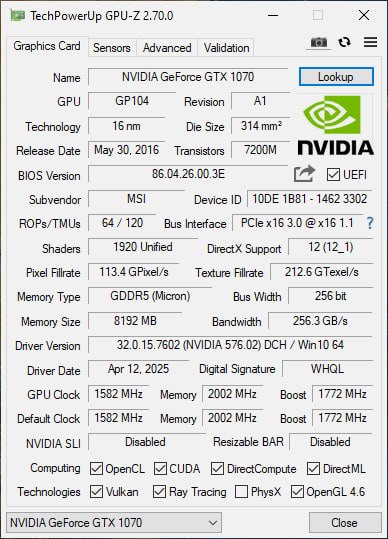 Продам Видеокарту MSI GeForce GTX 1070 Gaming X 8Gb. Была в использовании около 2 лет, в майнинге и 3