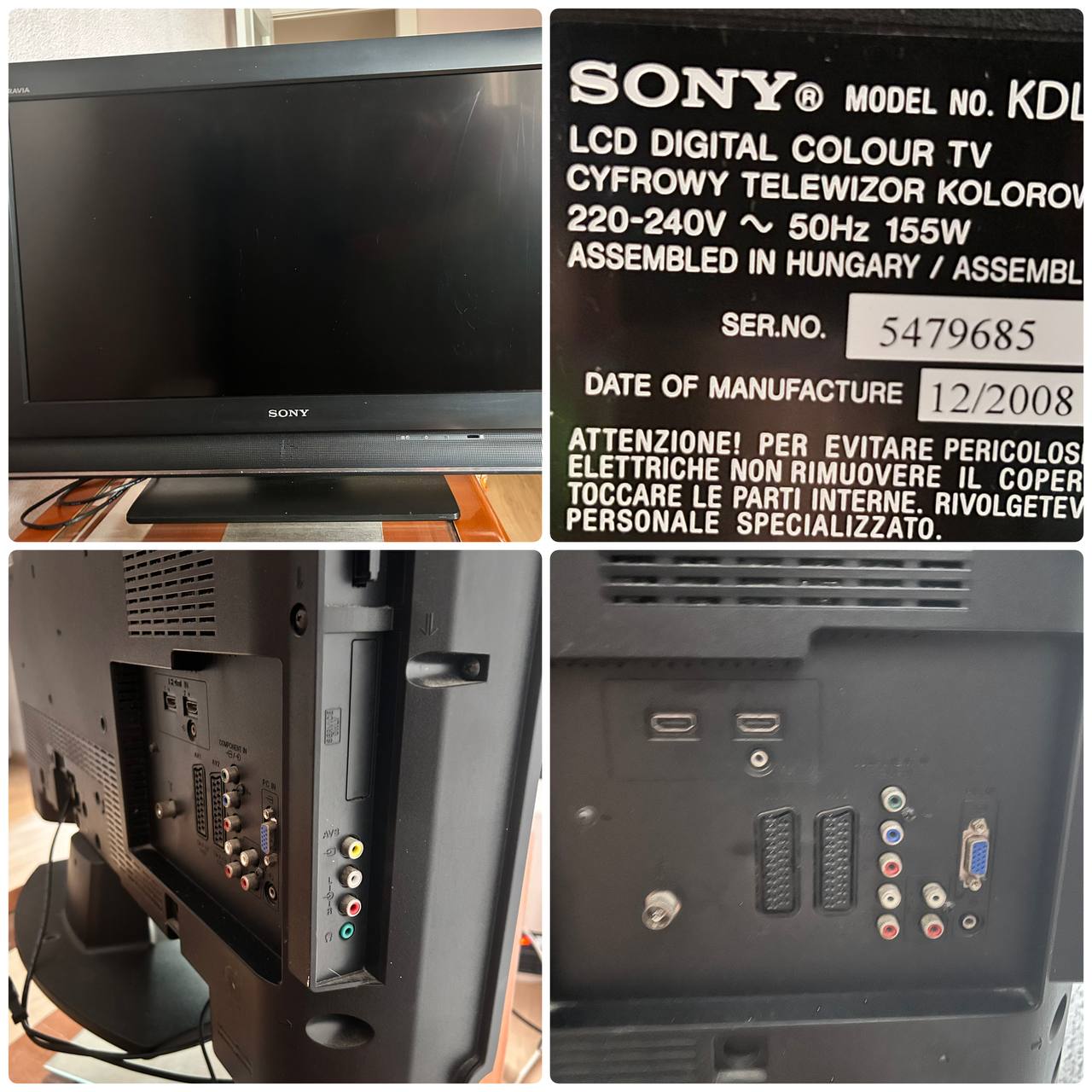 Телевизор Sony Bravía в рабочем состоянии, диагональ 32”, цена 15 €. Требуется внешняя приставка TDT