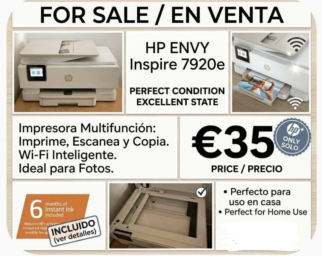HP ENVY Inspire 7920e printer, perfect condition, €35 Jávea, Dénia. Alicante