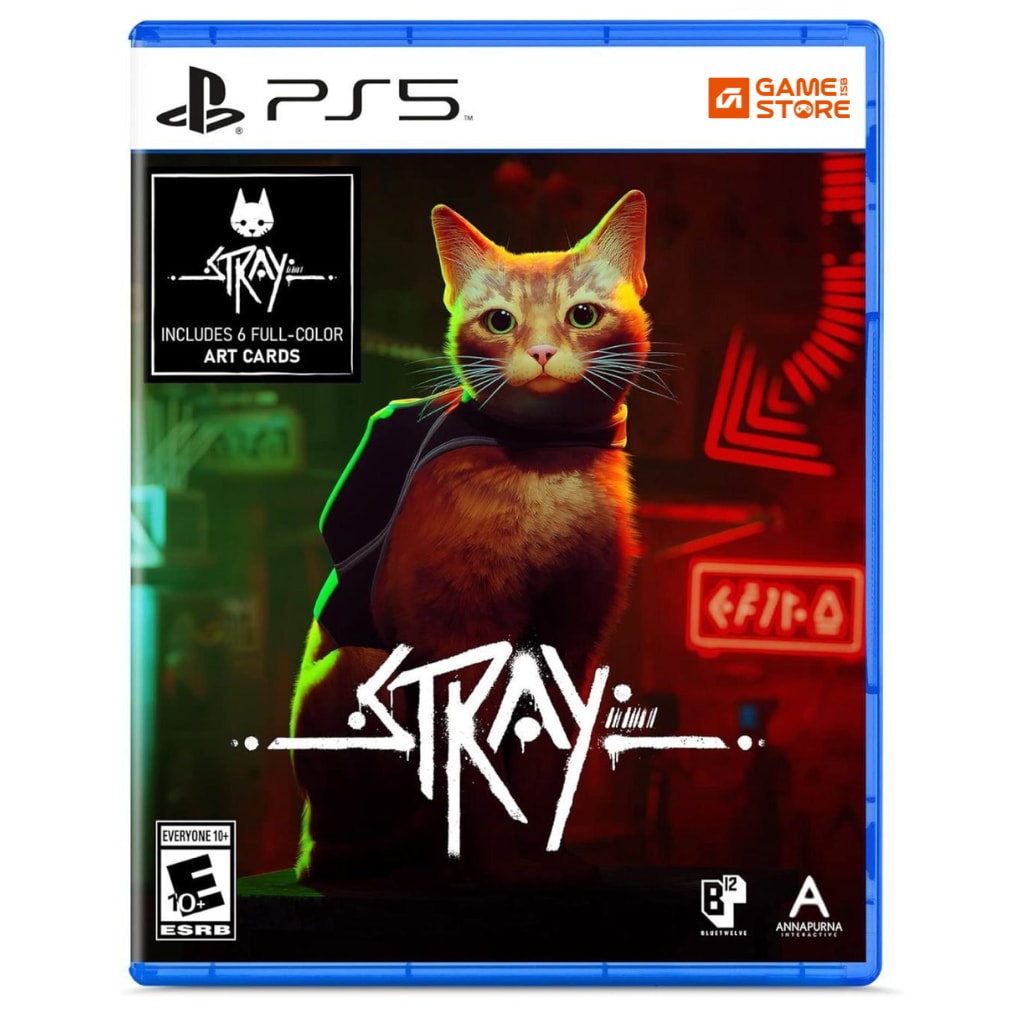 Stray PS5 game cover featuring a stray cat in a neon cybercity - Cat Adventure Game for PS5