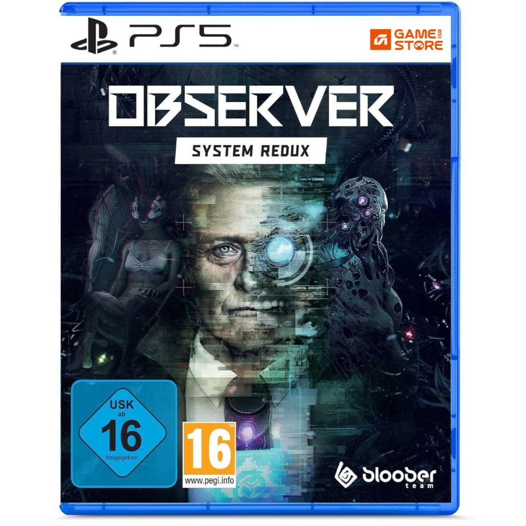Observer System Redux PS5 game cover showing Daniel Lazarski in a dark neon-lit cyberpunk world - Observer PS5 Cyberpunk Horror Game